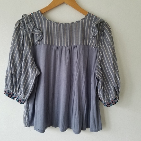 ANTHROPOLOGIE One September Embroidered Floral Ruffle Striped Blouse Size M - Picture 3 of 13